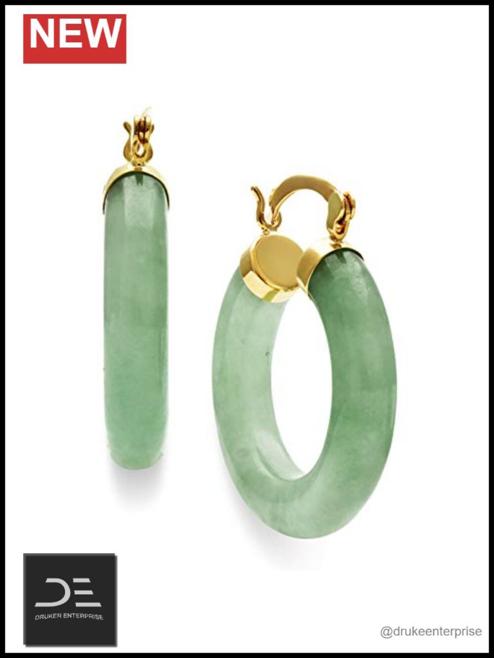 Natural Jade Hoop Earrings, 10K Yellow Gold